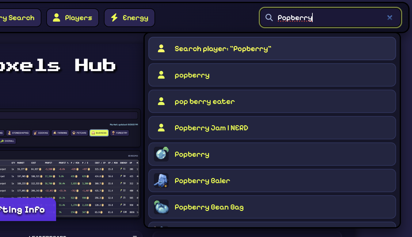 Voxels Hub search bar showing player and item suggestions